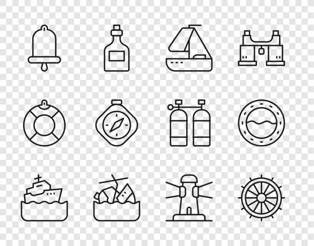 Set line Cruise ship, Ship steering wheel, Yacht sailboat, Sinking cruise, bell, Compass, Lighthouse and porthole icon. Vector Set line Cruise ship Ship steering wheel Yacht sailboat Sinking cruise bell Compass Lighthouse and porthole icon. Vector. sinking ship vector stock illustrations