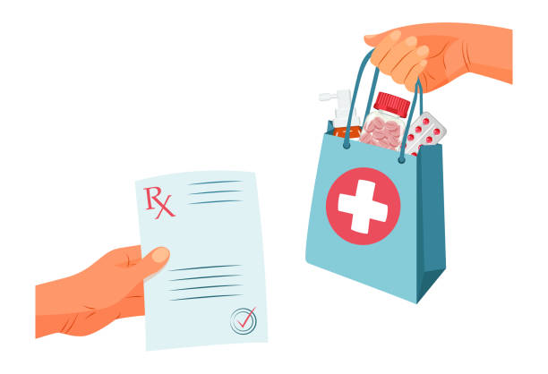 ilustrações de stock, clip art, desenhos animados e ícones de hand passes pharmacy package with medicines according to prescription form of doctor rx. - prescription doctor rx pharmacist