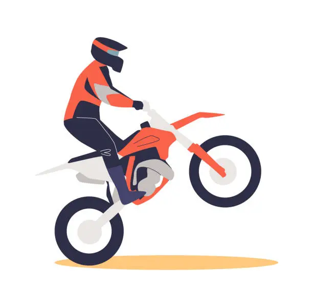 Vector illustration of Extreme man rising sport motorbike. Motorcyclist doing tricks on motorcycle
