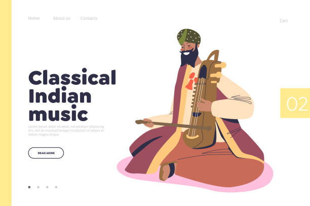 klasyczna indyjska muzyka koncepcja strony docelowej z indyjskim artystą muzykiem grającym na sarangi - folk song stock illustrations