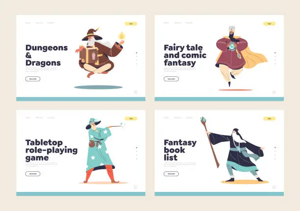 Vector illustration of Set of landing pages with old men magicians and wizards with long beards dressed in magical robes