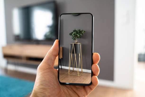Virtual AR Mobile Phone App Virtual AR Mobile Phone App. Augmented Reality Furniture augmented reality stock pictures, royalty-free photos & images