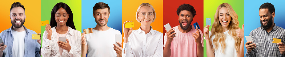 Mobile Shopping Concept. Set Collage Of Excited Diverse Group Holding Credit Card And Smartphones Posing Standing Isolated Over Colorful Studio Backgrounds. Joyful Men And Women Making Online Purchase