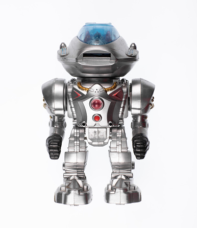 futuristic toy robot isolated on white background
