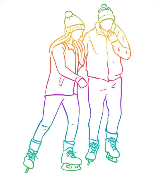 Vector illustration of Couple Ice Skating Outdoors Rainbow