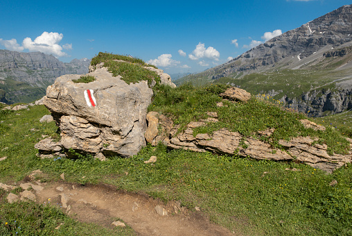 a trail marker painted on a stone, a hiking trail surrounded by lush grass, in the background some peaks of the swiss alps