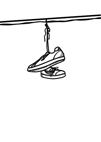 Sketch illustration of a pair of running shoes hanging on an electric wire, suspended in mid air.
