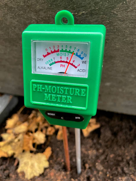 ph and moisture meter for soil testing to determine acidity and moisture content - scientific experiment condensation instrument of measurement soil tester imagens e fotografias de stock