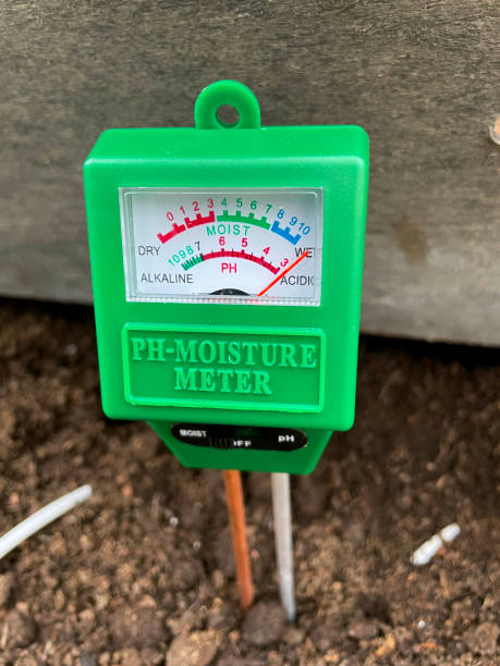 ph and moisture meter for soil testing to determine acidity and moisture content - scientific experiment condensation instrument of measurement soil tester imagens e fotografias de stock