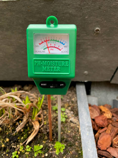 ph and moisture meter for soil testing to determine acidity and moisture content - scientific experiment condensation instrument of measurement soil tester imagens e fotografias de stock