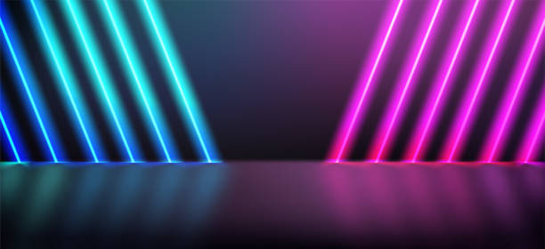 istock Dark room with purple and blue diagonal neon lights. 3d vector showcase with copy space 1368988520