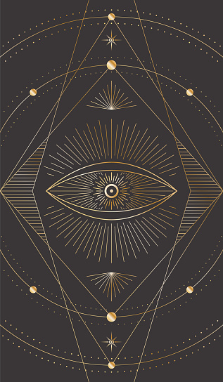 Vector mystic dark celestial background with golden outline eye, beams, stars and dotted radial circles. Occult linear illustration with a magical symbol. Sacred geometric tarot card cover