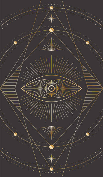 Vector mystic dark celestial background with golden outline eye, beams, stars and dotted radial circles. Occult linear illustration with a magical symbol. Sacred geometric tarot card cover Vector mystic dark celestial background with golden outline eye, beams, stars and dotted radial circles. Occult linear illustration with a magical symbol. Sacred geometric tarot card cover magic eye pattern stock illustrations