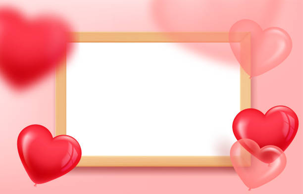 istock Empty wood frame on the table with air balloons. 3d landscape orintation vector mockup for design 1368989881
