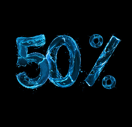 Number 50 and percent sign made of water splashes on a black background