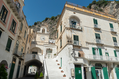 Atrani is a town and a comune in the province of Salerno, in the Campania region, as a part of the Amalfi Coast, it was declared a World Heritage site by UNESCO on September 4, 2021. Clock of the Church of San Salvatore de' Birect.