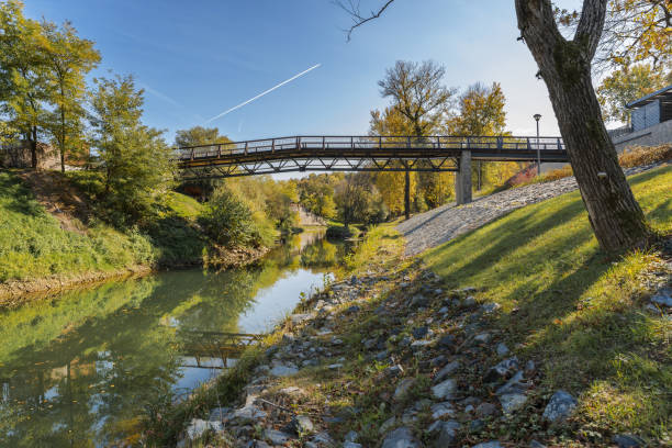 istock River bridge with tree bushes and clear blue sky 1368992408