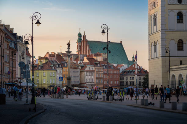 Warsaw, Poland - Aug 22, 2019: Castle Square at sunset - Warsaw, Poland