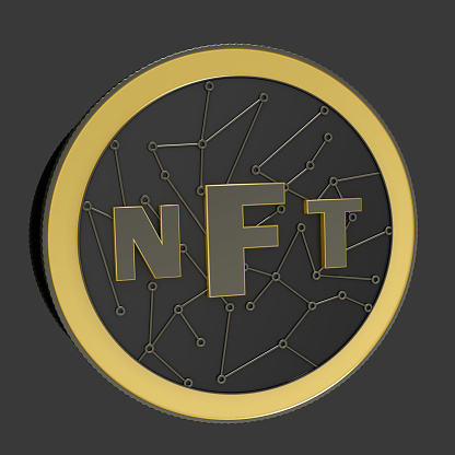 3d render. Gold coin NFT  on black background  with the network.  Pay for unique collectibles in games or art.