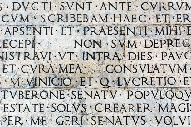 Rome, Italy - Oct 04, 2018: The fascist-era copy of the Res Gestae Divi Augusti, placed on the back of the Museum  dell'Ara Pacis