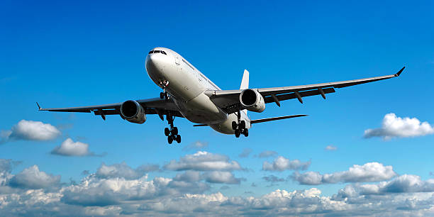 istock jet airplane landing in bright sky 136899568