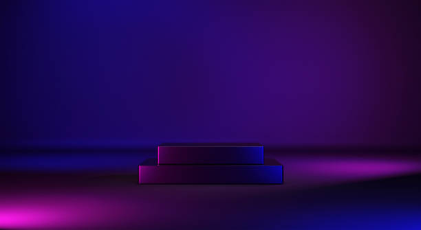 istock Futuristic pink an blue metallic podium platform for product placement. 1368996008