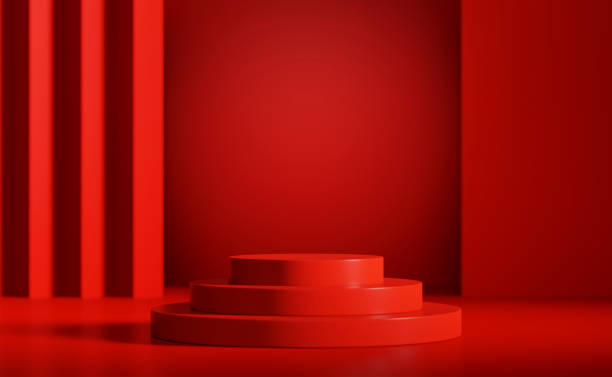 istock Red podium platform for product presentation. 3d rendering luxury pedestal stand show. Empty tabletop stage studio scene background with spotlight. 1368996799
