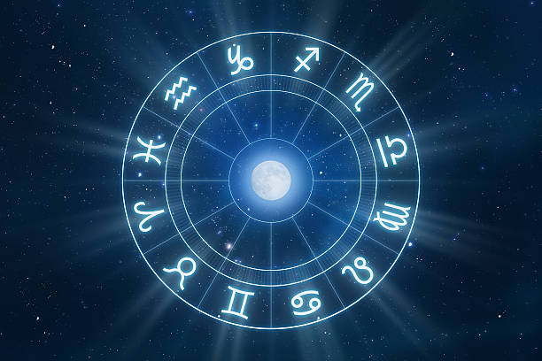 Zodiac Signs All zodiac signs in a circle with moon in the middle and universe in the background aquarius astrology sign photos stock pictures, royalty-free photos & images