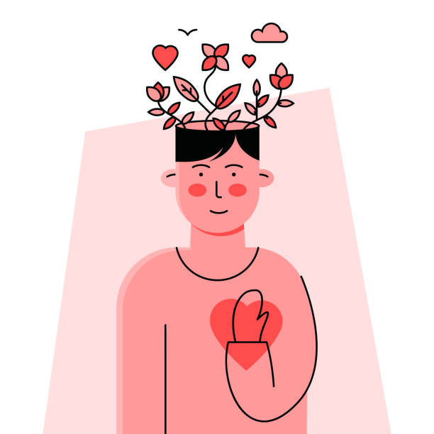 ilustraciones, imágenes clip art, dibujos animados e iconos de stock de amor propio, salud mental, pensamiento positivo y concepto de crecimiento con un joven en contacto con su corazón y mente - mejora personal