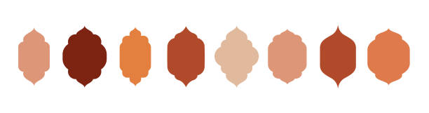 koleksi jendela dan lengkungan islam gaya oriental dengan desain boho modern, bulan, kubah masjid dan lentera - arabian peninsula ilustrasi stok