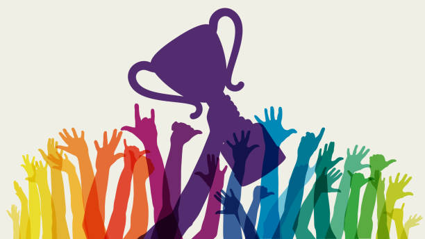 stockillustraties, clipart, cartoons en iconen met raised rainbow arms with trophy - succes