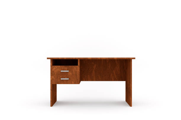Office desk with dark wood texture and two drawers. 3D rendering illustration on white background.