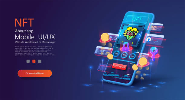 A mobile phone with an app for buying NFT pictures. Stock illustration A mobile phone with an app for buying NFT pictures, neon psychedelic guy character. NFT token in blockchain technology in digital crypto art. Purchase of a token with aspects of intellectual property. non fungible token stock illustrations
