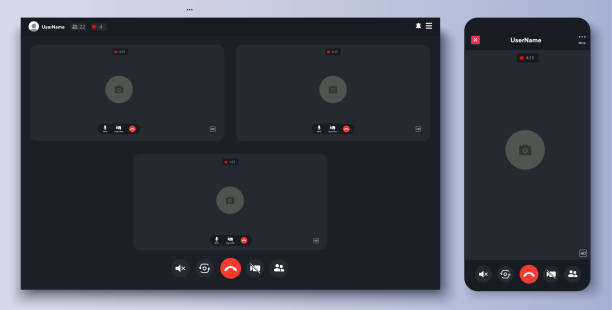 illustrazioni stock, clip art, cartoni animati e icone di tendenza di illustrazione vettoriale piatta del layout dell'app di videoconferenza. modello di schermata di chiamata. illustrazione stock - graphic interface