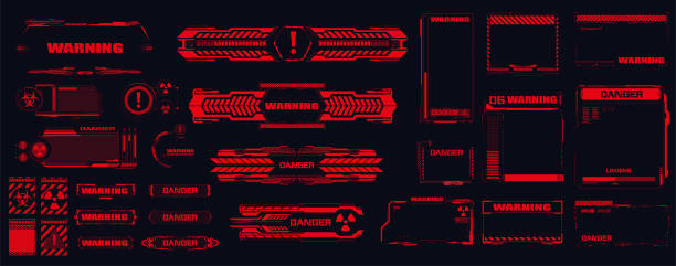 An error or damage during an attack and system failure. High-tech and digital cyber frames warn of a warning on the screen. Warning frame. Abstract tech design. Hi-tech callout bar labels. Vector An error or damage during an attack and system failure. High-tech and digital cyber frames warn of a warning on the screen. Warning frame. hightech stock illustrations