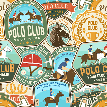 Polo sport club patches seamless pattern. Vector. Color equestrian background with rider and horse silhouettes. For polo, horseriding pattern background or wallpaper