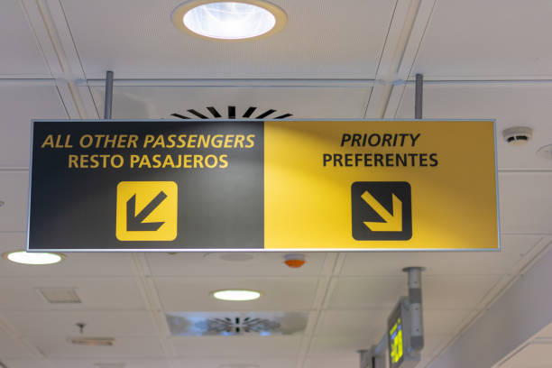 istock Priority and others passengers sign in english and spanish. 1369003793