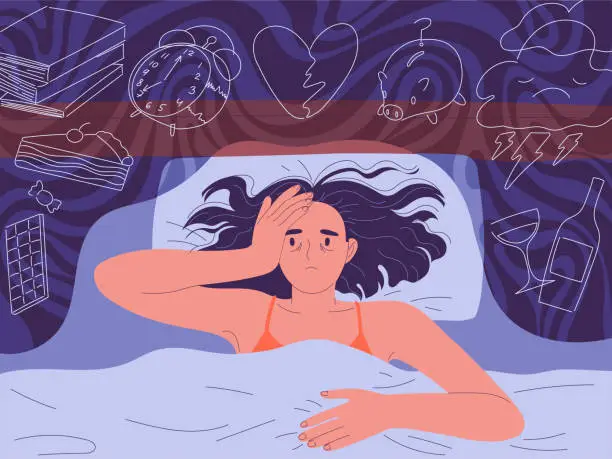 Vector illustration of Woman cannot fall asleep at night lying on the bed