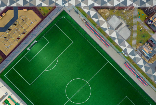 istock Football field and parking. View from above. 1369006412