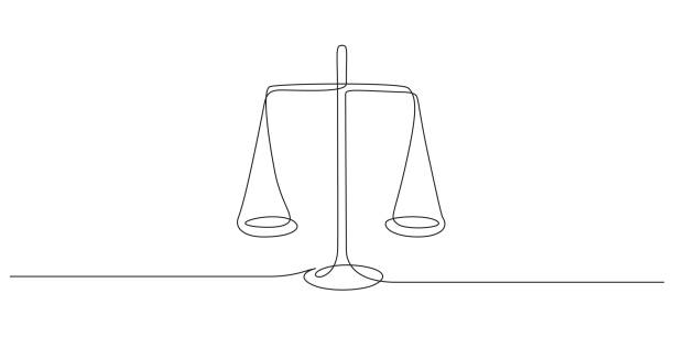 One continuous line drawing of law balance and scale of justice. Symbol and logo of equality and outline concept court in simple linear style. Libra icon. Doodle vector illustration One continuous line drawing of law balance and scale of justice. Symbol and logo of equality and outline concept court in simple linear style. Libra icon. Doodle vector illustration. balance drawings stock illustrations