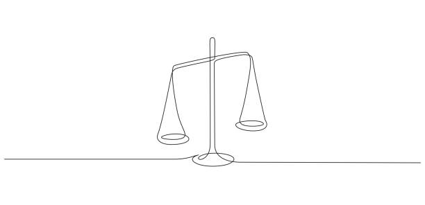 One continuous line drawing of law balance and scale of justice. Symbol of equality and concept court and logo firm in simple linear style. Libra icon. Doodle vector illustration One continuous line drawing of law balance and scale of justice. Symbol of equality and concept court and logo firm in simple linear style. Libra icon. Doodle vector illustration. lawyer drawings stock illustrations