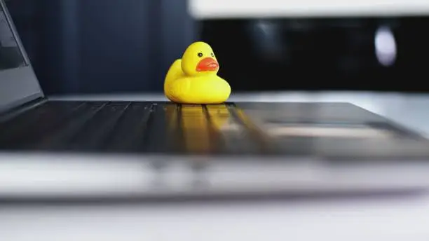 Photo of Yellow Rubber Duck Sitting on Laptop As Focus Aid For Software Engineer during Code Debugging