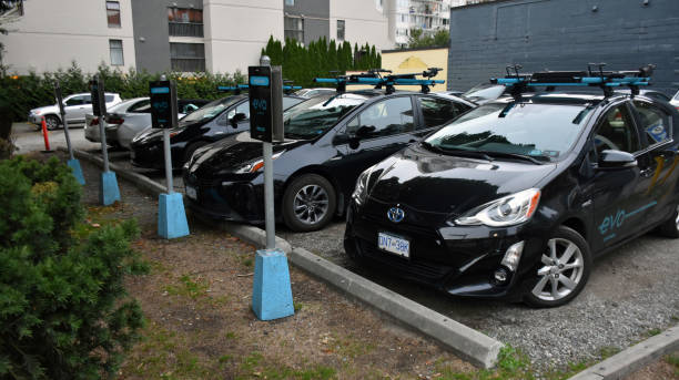 evo car share, Vancouver, British Columbia, Canada building exterior, evo car share packing station Scenery in Vancouver City British Columbia Canada car rental covid stock pictures, royalty-free photos & images