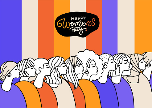 International Women s Day greeting card template. Row of women of diverse age, race. Cute girls with different haircut. Happy holiday 8 march. Linear doodle vector illustration on rainbow background