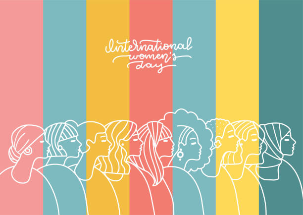 International Womens Day greeting card. Linear womens portrait collection. Women different nationalities in a row in rainbow background. Feminism concept. Girl power line art. Vector illustration. International Womens Day greeting card. Linear womens portrait collection. Women different nationalities in a row in rainbow background. Feminism concept. Girl power line art. Vector illustration international womens day stock illustrations