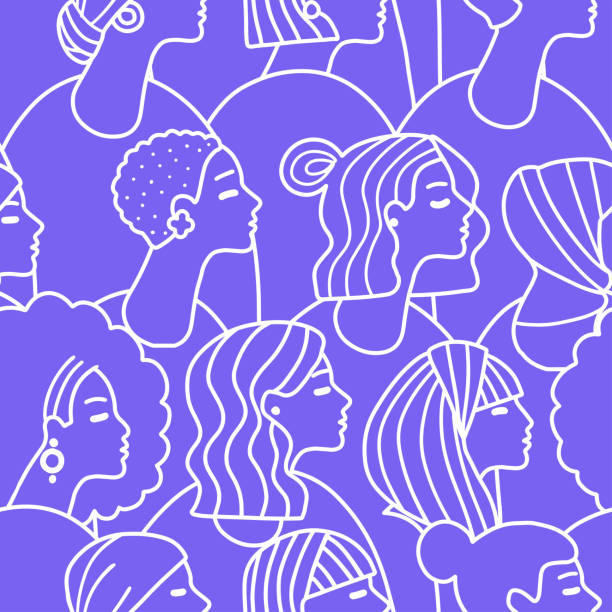 stockillustraties, clipart, cartoons en iconen met hand drawn different female faces seamless pattern. trendy woman face doodle texture with abstract line shapes, minimal girl face. vector stylized monoline illustration. - vrouw