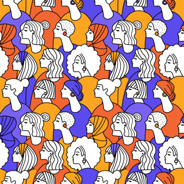 Different adult women s head seamless pattern background. Feminist International Women s, Mother s Day. Women support, girl power. Hand drawn line drawing doodle vector illustration Different adult women s head seamless pattern background. Feminist International Women s, Mother s Day. Women support, girl power. Hand drawn line drawing doodle vector illustration. family designs stock illustrations
