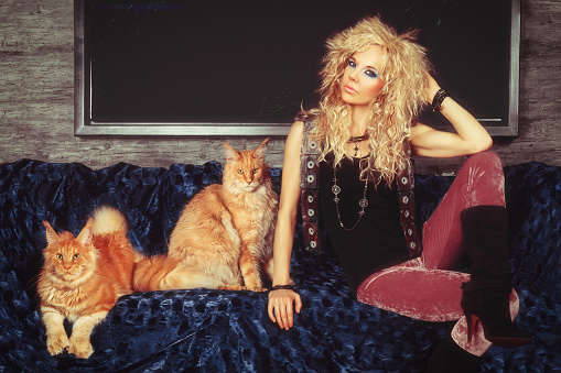 Vintage portrait of a beautiful young blonde woman with an 80s glam rock style mullet hairstyle, posing on a couch covered with a blue throw, sitting next to two ginger purebred Maine Coon cats