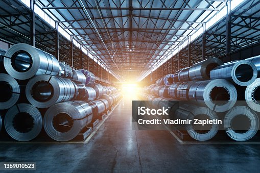 istock Roll of galvanized steel sheet at metalworking factory 1369010523