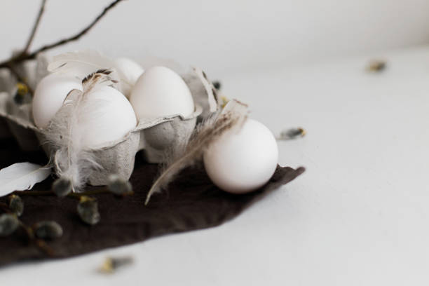 Stylish Easter still life. Natural eggs in tray, feathers, willow branches on rustic linen napkin on white wooden table. Simple rural Easter aesthetics in pastel white and brown colors